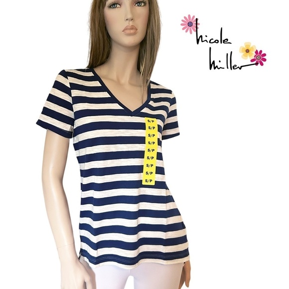 Nicole Miller Stripe Tee t-shirt Tank Top Navy White V-Neck Short Sleeve HiLo - Picture 1 of 11